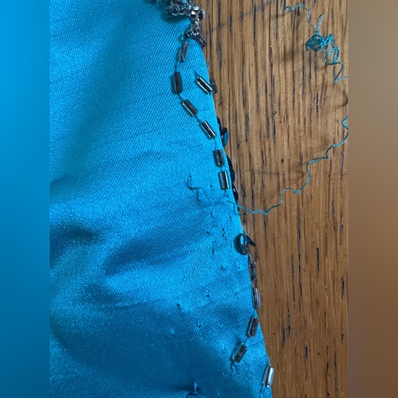 60s Vintage Blue Satin Gown w Rhinestone Accents Sz M - Picture 8 of 10